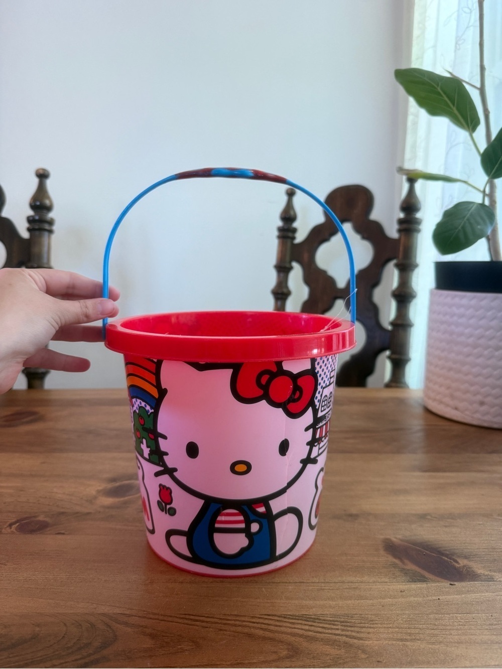 Hello Kitty Pink Red Plastic Bucket with Blue Handle